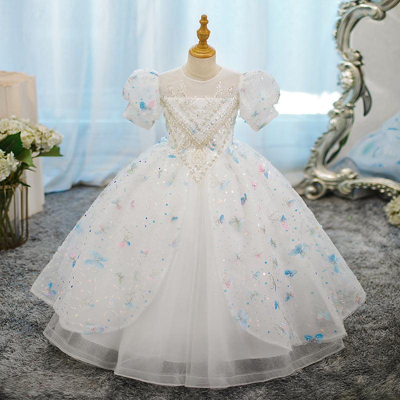 Short-Sleeve A-Line Princess Flower Girl Party Dress with Rhinestone Appliques