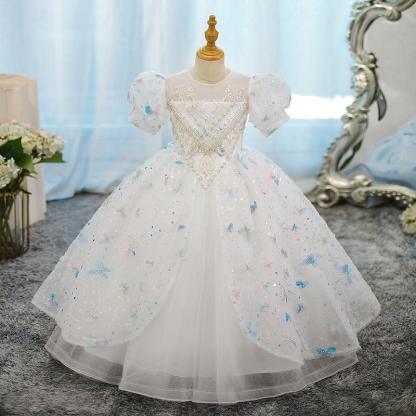 Short-Sleeve A-Line Princess Flower Girl Party Dress with Rhinestone Appliques