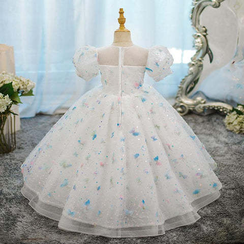 Short-Sleeve A-Line Princess Flower Girl Party Dress with Rhinestone Appliques