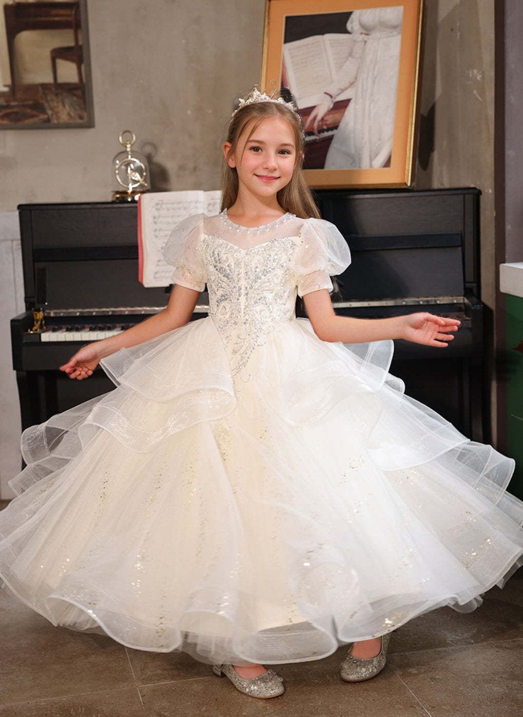 A-Line/Princess Flower Girl Party Dress with Rhinestone Appliques and Short Sleeves