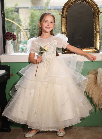 A-Line/Princess Flower Girl Party Dress with Rhinestone Appliques and Short Sleeves
