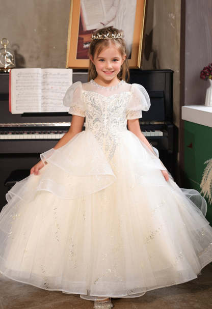 A-Line/Princess Flower Girl Party Dress with Rhinestone Appliques and Short Sleeves