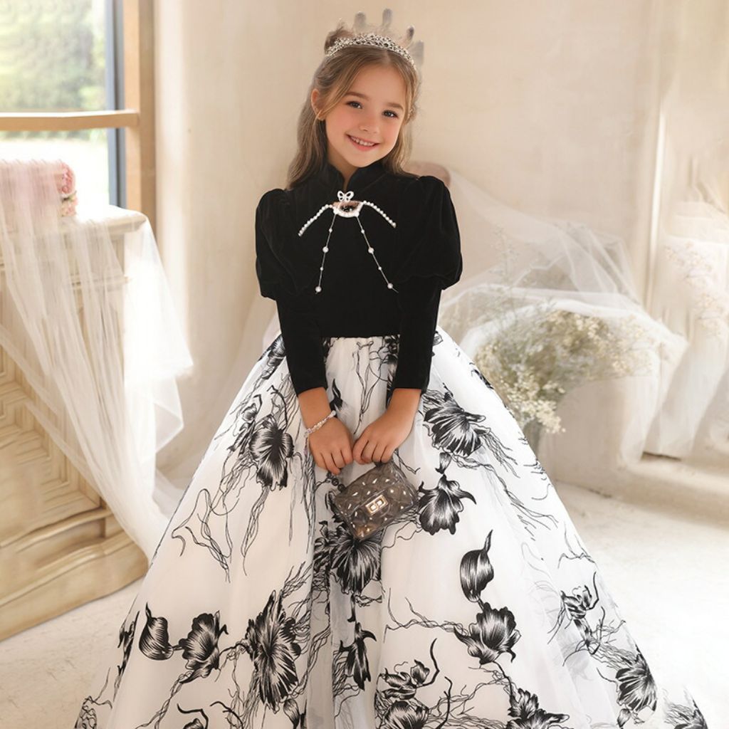 Floor-Length A-Line Princess Party Dress with Beadings High Neck and Long Sleeves