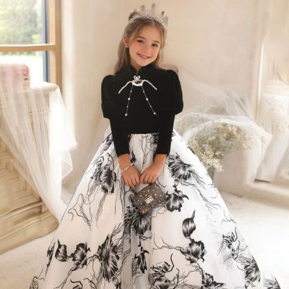 Floor-Length A-Line Princess Party Dress with Beadings High Neck and Long Sleeves