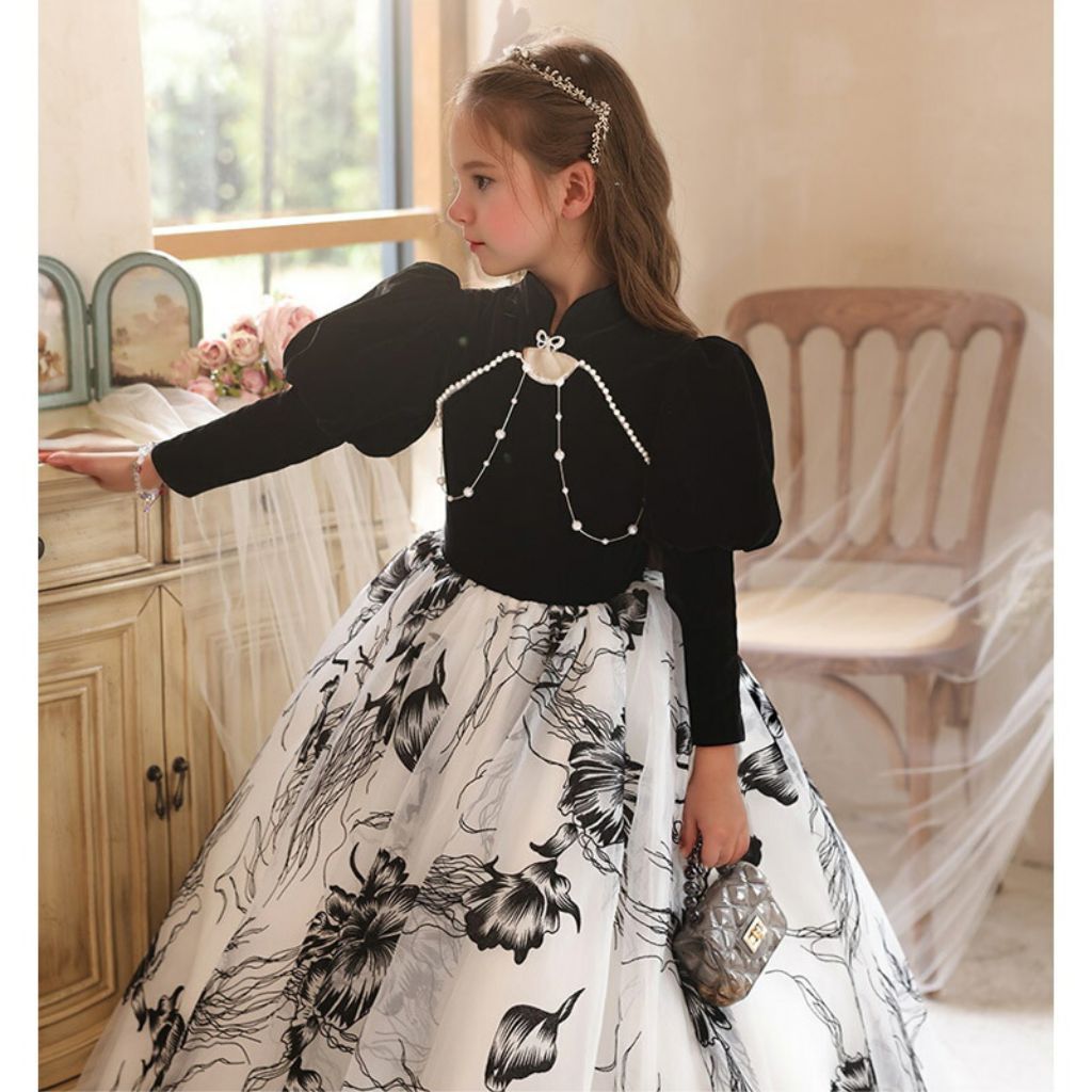 Floor-Length A-Line Princess Party Dress with Beadings High Neck and Long Sleeves