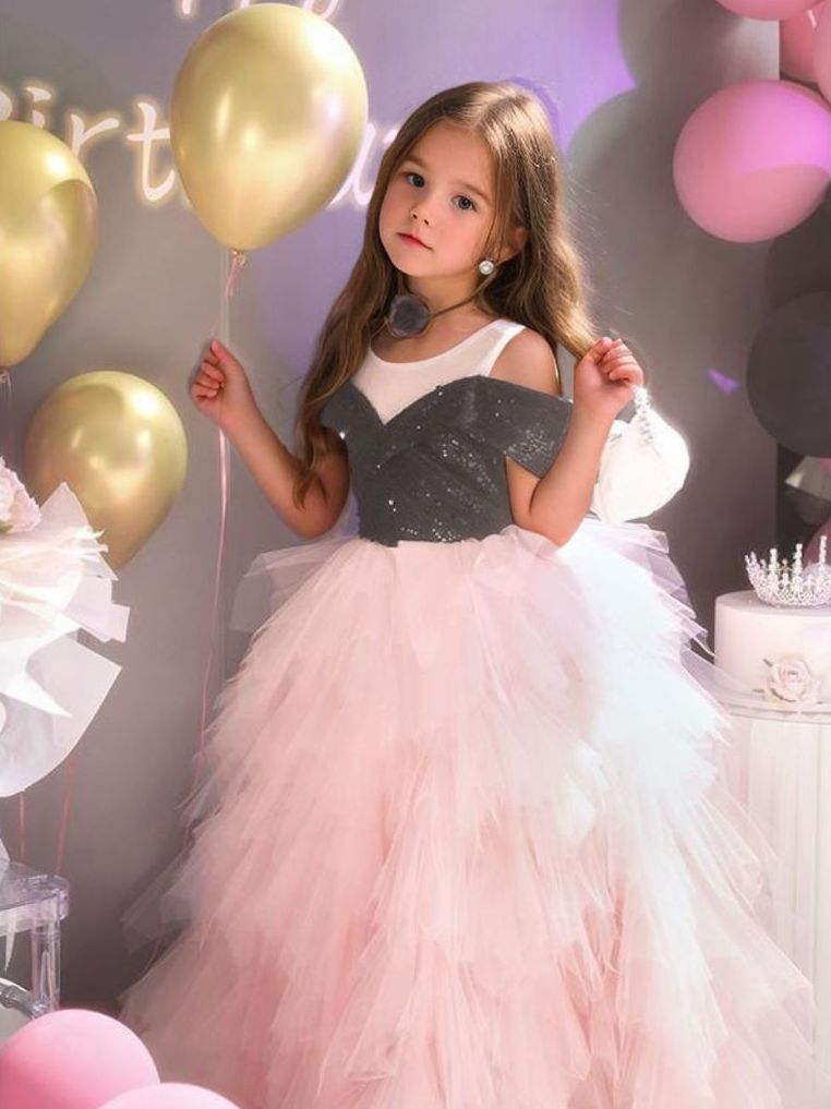 Floor-Length Off-the-Shoulder A-Line Princess Party Dress in Ruffled Tulle