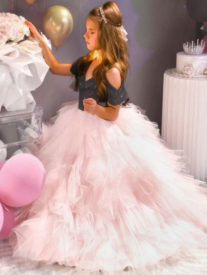Floor-Length Off-the-Shoulder A-Line Princess Party Dress in Ruffled Tulle