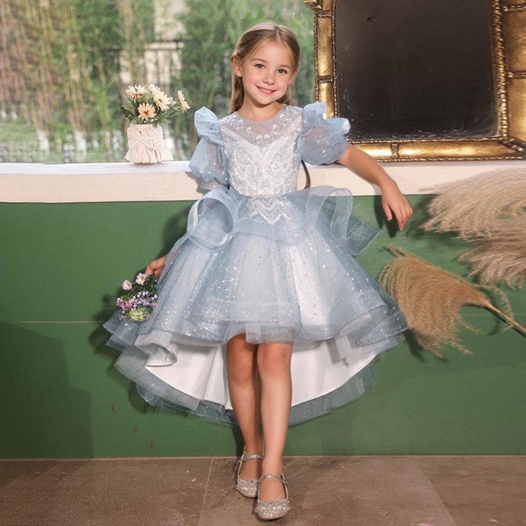 Round Neck High Low Flower Girl Party Dress with Rhinestone Appliques and Short Sleeves