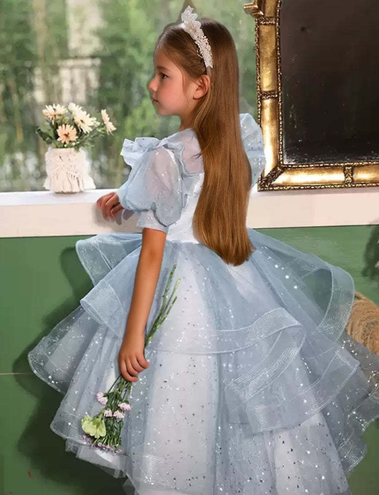 Round Neck High Low Flower Girl Party Dress with Rhinestone Appliques and Short Sleeves