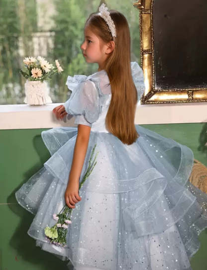 Round Neck High Low Flower Girl Party Dress with Rhinestone Appliques and Short Sleeves