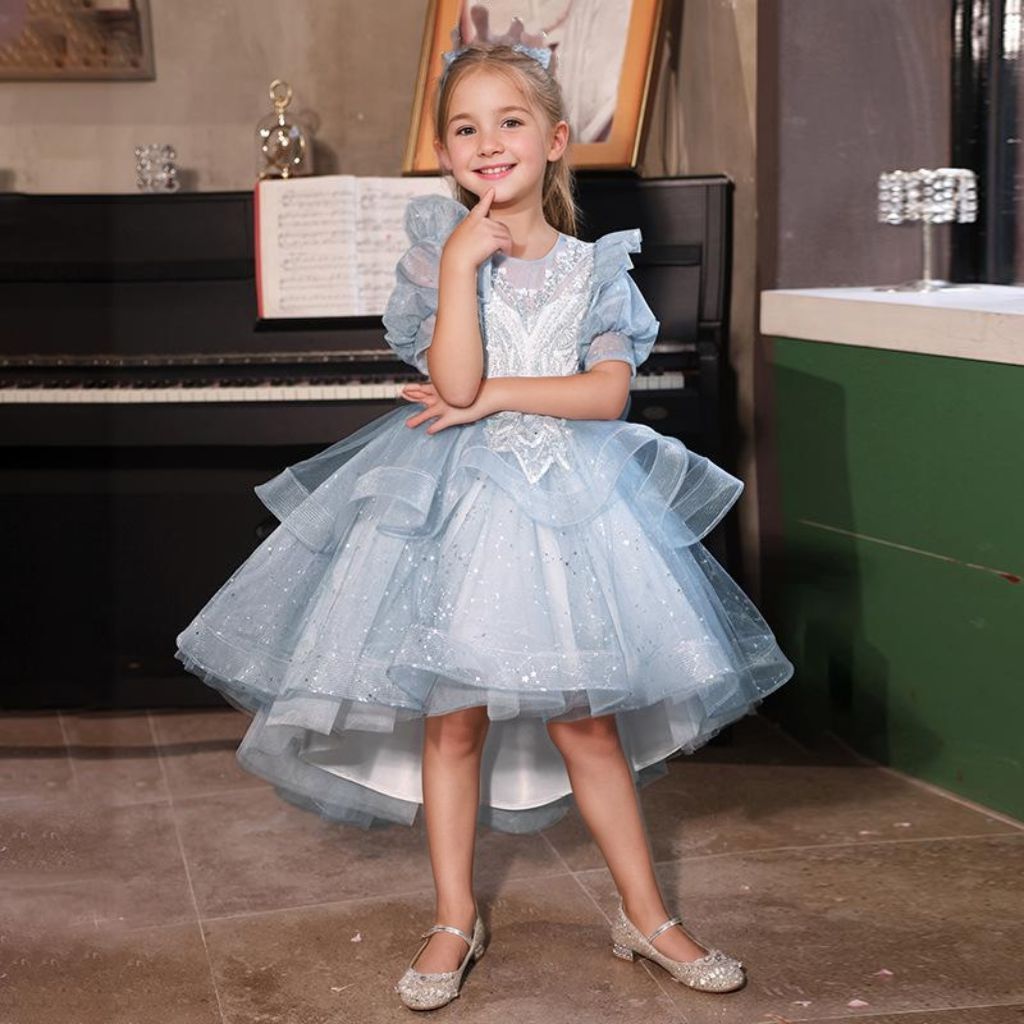 Round Neck High Low Flower Girl Party Dress with Rhinestone Appliques and Short Sleeves