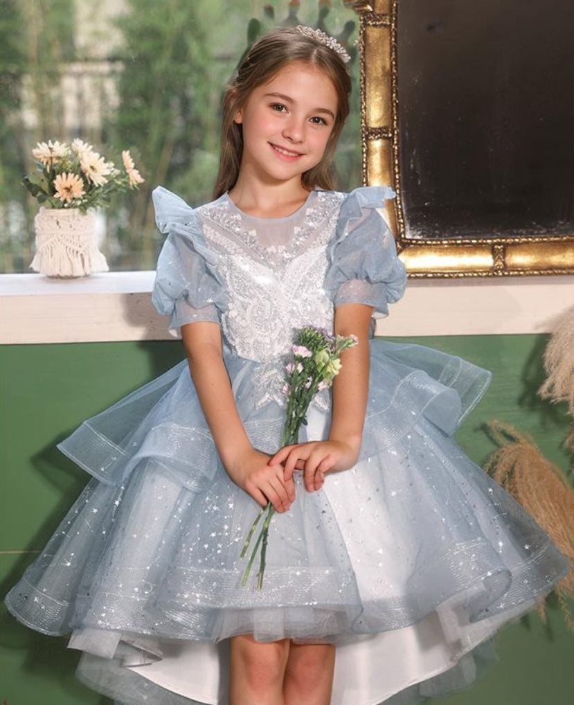 Round Neck High Low Flower Girl Party Dress with Rhinestone Appliques and Short Sleeves