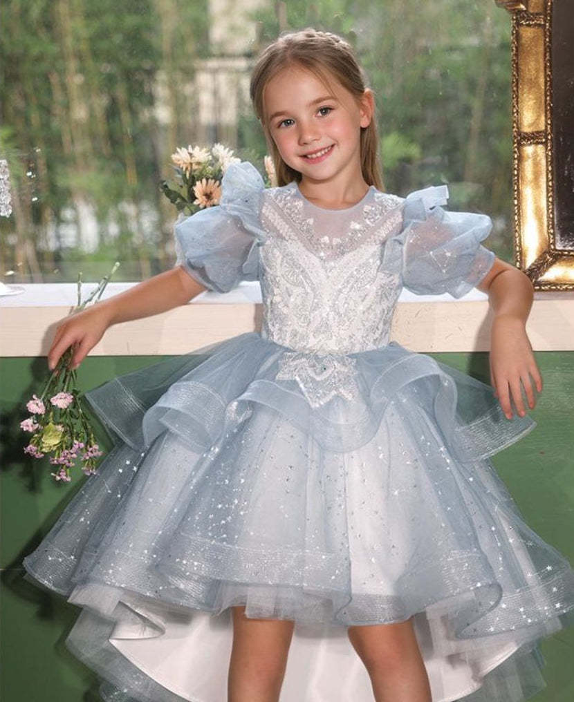 Round Neck High Low Flower Girl Party Dress with Rhinestone Appliques and Short Sleeves