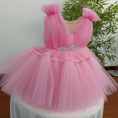 Princess Baby Girl Party Dress with Crystals - Sleeveless Round Neck Knee Length