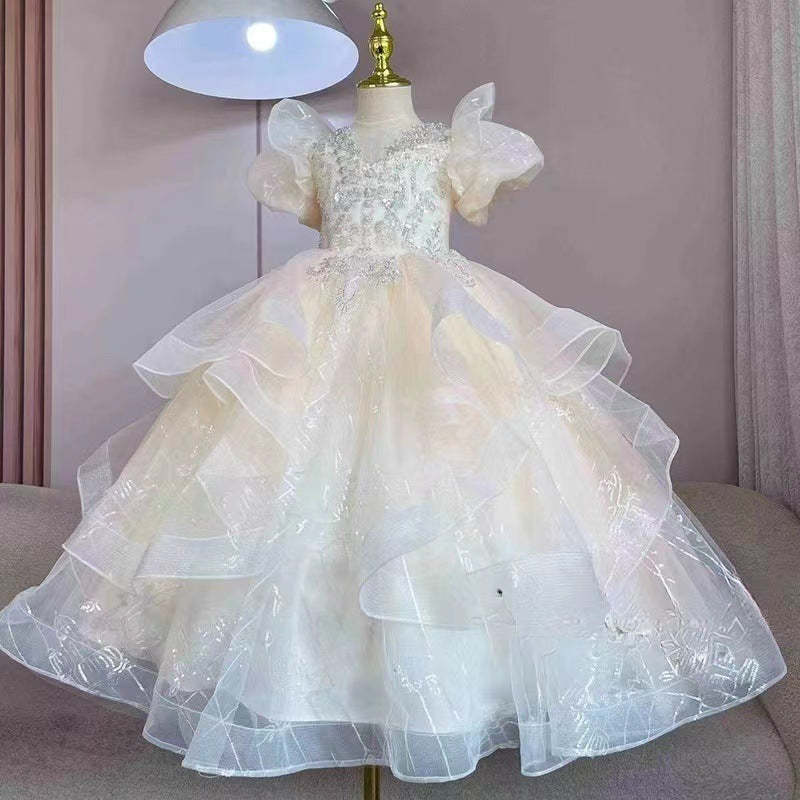 A-Line/Princess Flower Girl Party Dress with Rhinestone Appliques and Short Sleeves