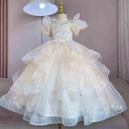 A-Line/Princess Flower Girl Party Dress with Rhinestone Appliques and Short Sleeves