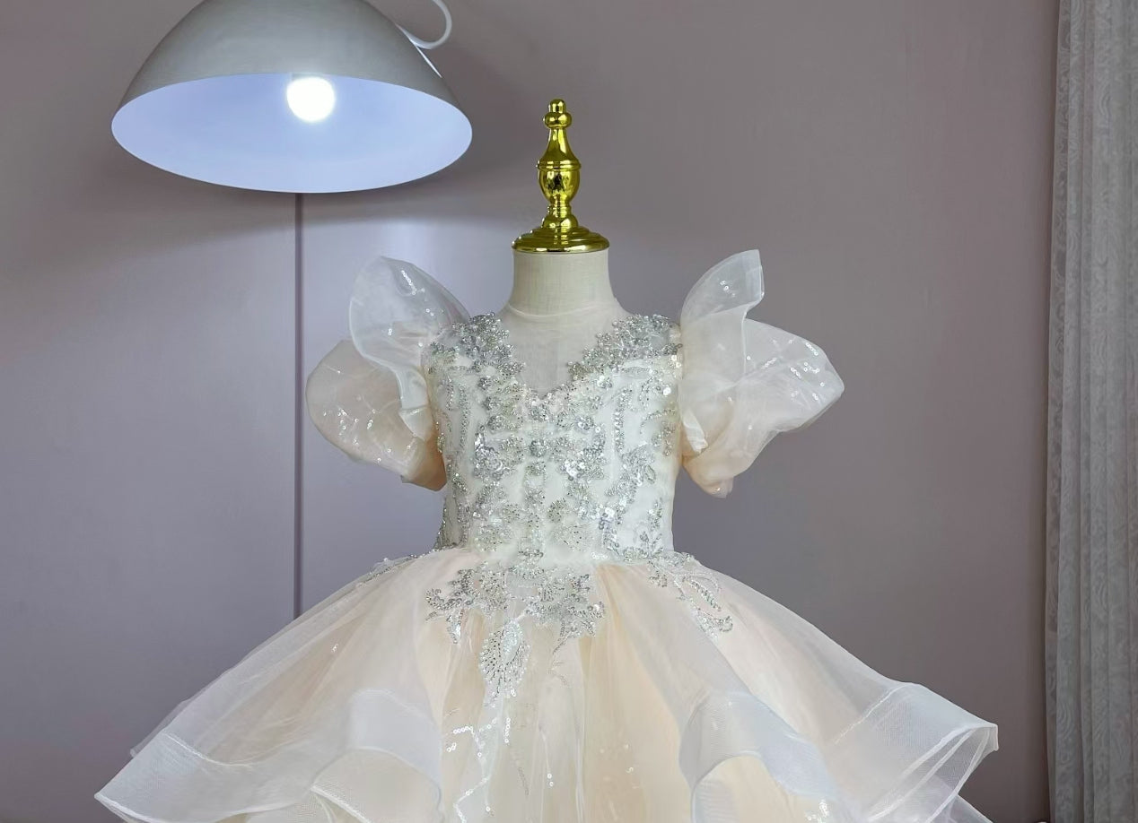 A-Line/Princess Flower Girl Party Dress with Rhinestone Appliques and Short Sleeves