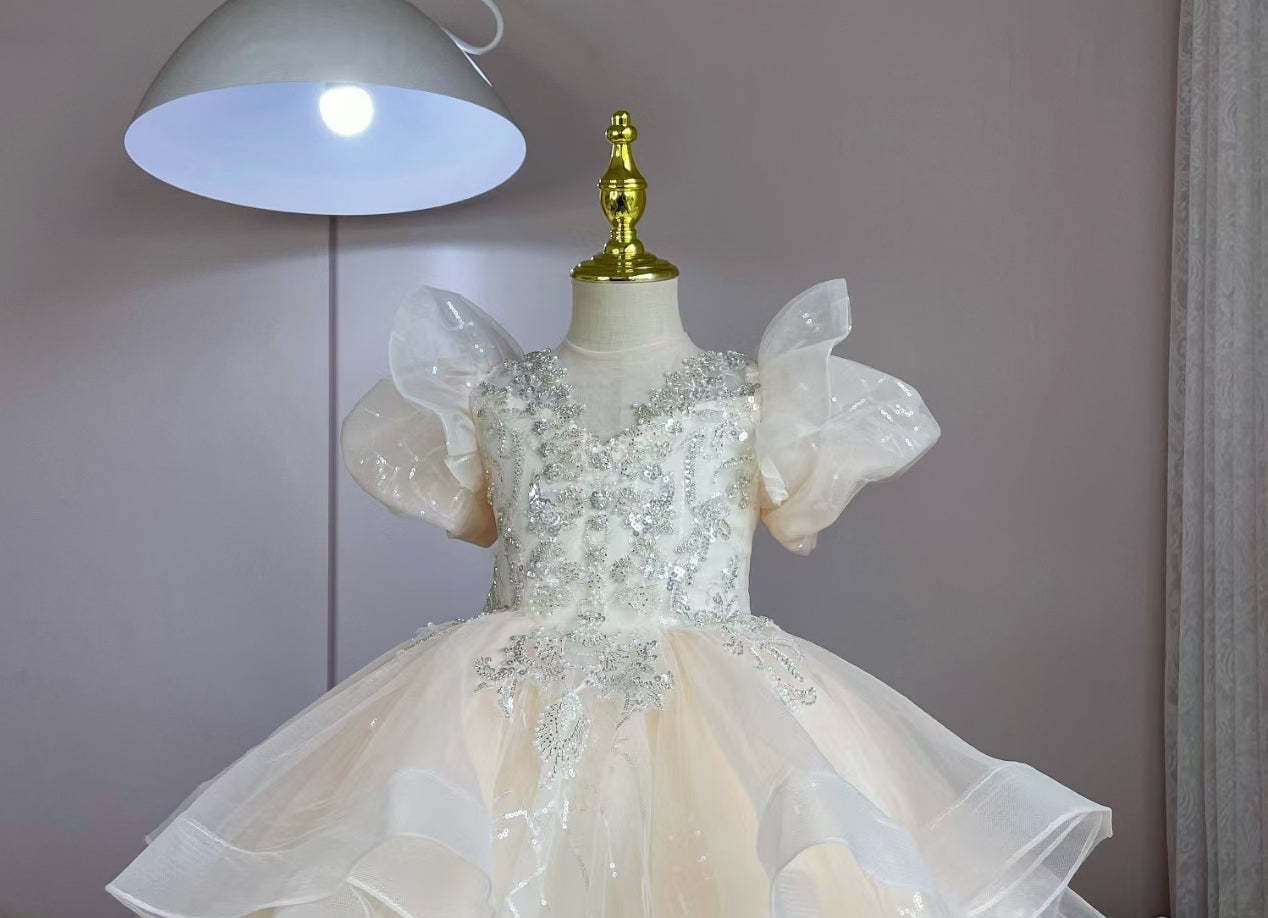 A-Line/Princess Flower Girl Party Dress with Rhinestone Appliques and Short Sleeves