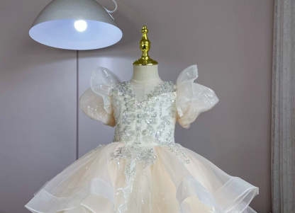 A-Line/Princess Flower Girl Party Dress with Rhinestone Appliques and Short Sleeves