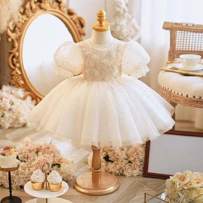 A-Line/Princess Short Sleeve Lace Dresses for Baby Girls with Rhinestone Appliques
