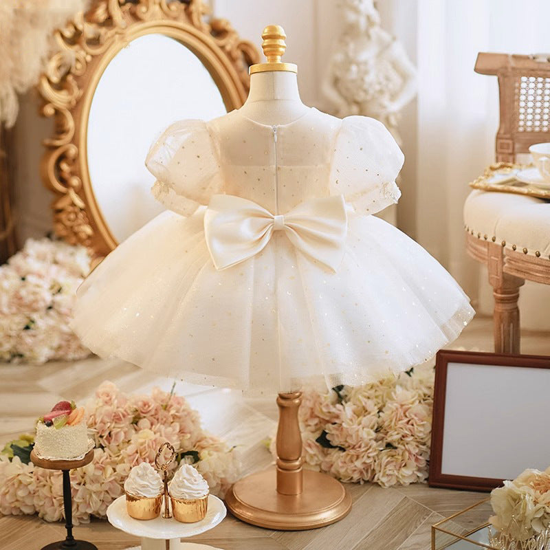 A-Line/Princess Short Sleeve Lace Dresses for Baby Girls with Rhinestone Appliques