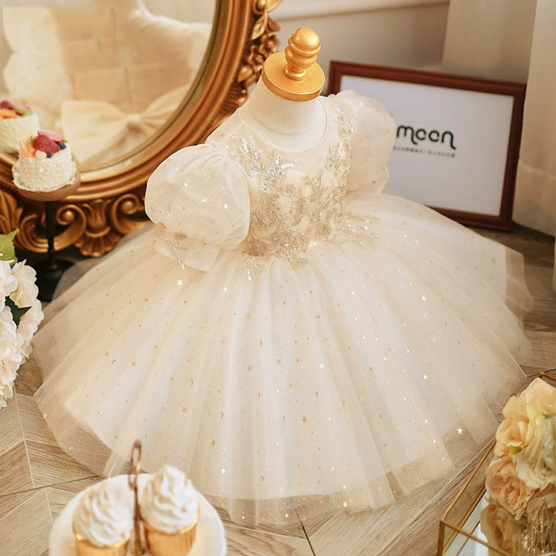 A-Line/Princess Short Sleeve Lace Dresses for Baby Girls with Rhinestone Appliques