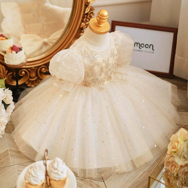 A-Line/Princess Short Sleeve Lace Dresses for Baby Girls with Rhinestone Appliques