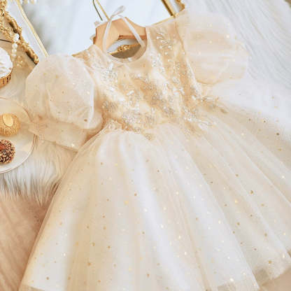 A-Line/Princess Short Sleeve Lace Dresses for Baby Girls with Rhinestone Appliques