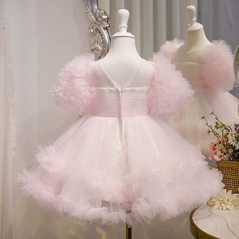 Short-Sleeved A-Line Princess Dress with Knee-Length Ruffled Tulle for Baby Girls