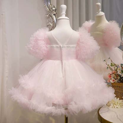 Short-Sleeved A-Line Princess Dress with Knee-Length Ruffled Tulle for Baby Girls