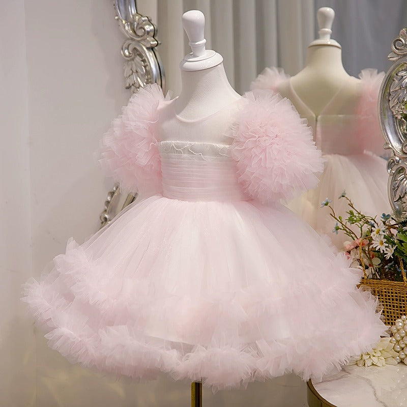 Short-Sleeved A-Line Princess Dress with Knee-Length Ruffled Tulle for Baby Girls