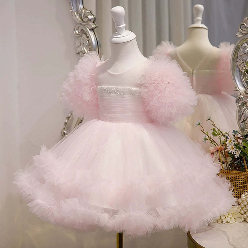 Short-Sleeved A-Line Princess Dress with Knee-Length Ruffled Tulle for Baby Girls