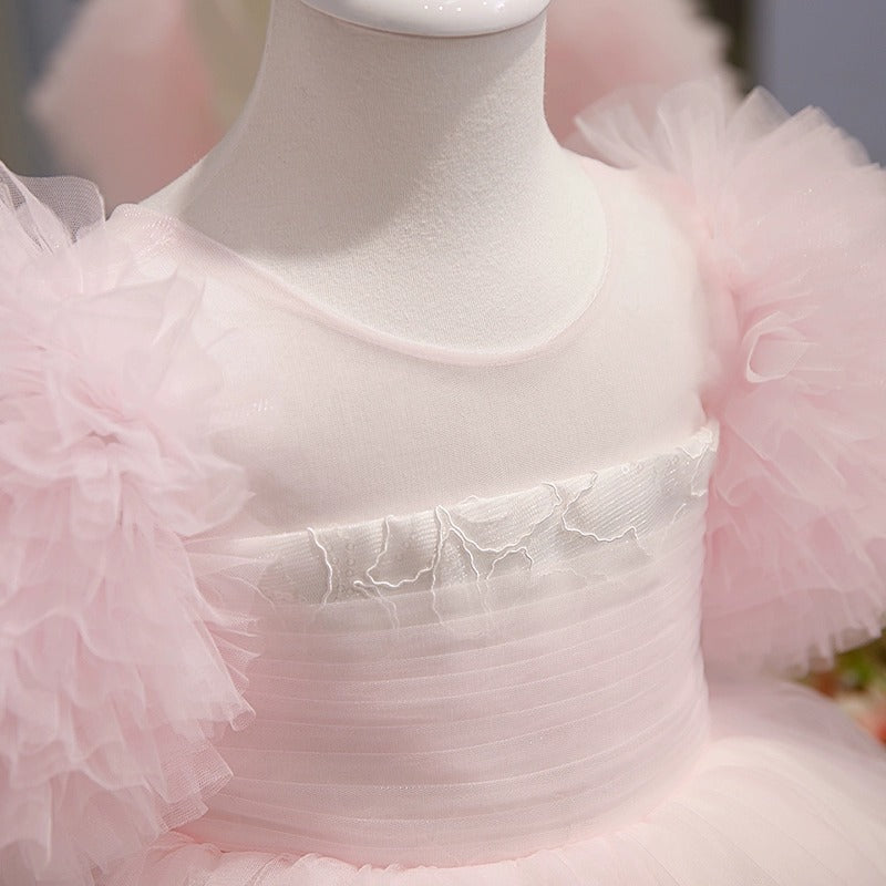 Short-Sleeved A-Line Princess Dress with Knee-Length Ruffled Tulle for Baby Girls