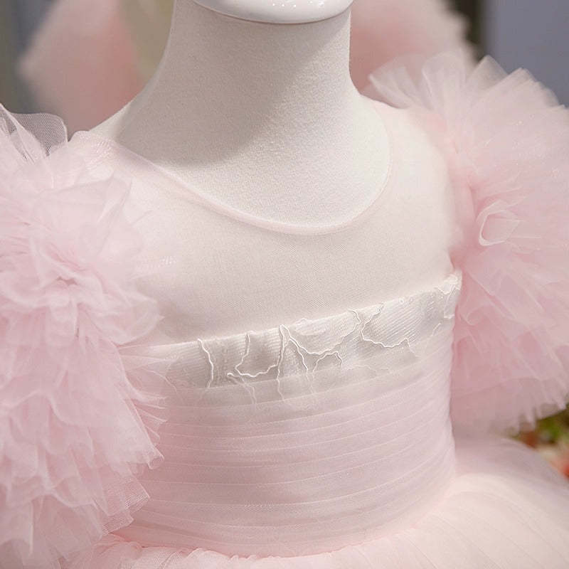 Short-Sleeved A-Line Princess Dress with Knee-Length Ruffled Tulle for Baby Girls