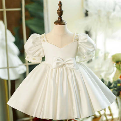 Square Neck Baby Flower Girl Dress with Bow Beaded Short Sleeves and Knee Length
