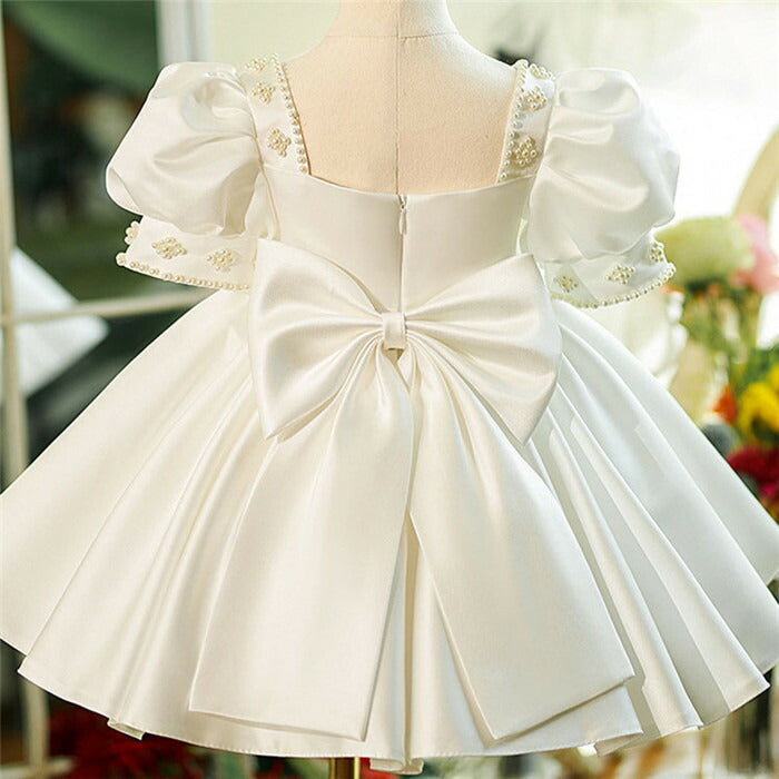Square Neck Baby Flower Girl Dress with Bow Beaded Short Sleeves and Knee Length