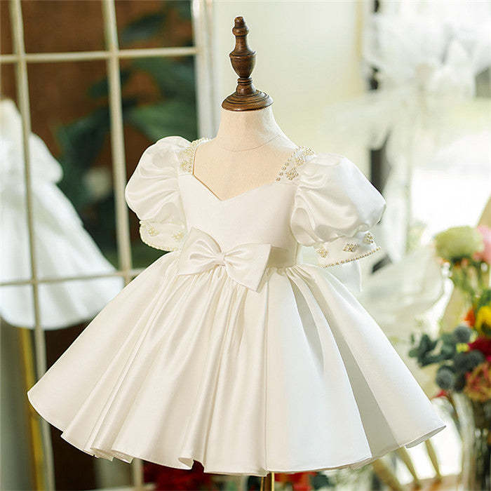 Square Neck Baby Flower Girl Dress with Bow Beaded Short Sleeves and Knee Length