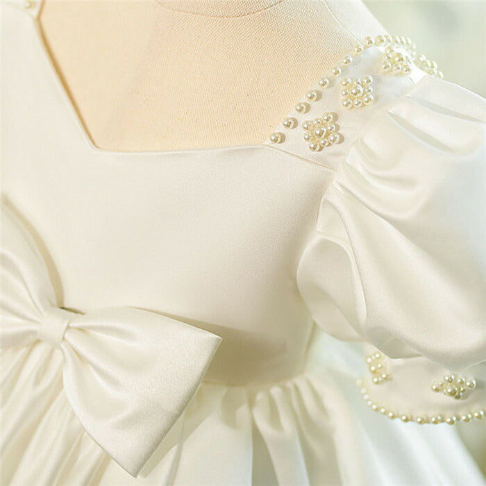 Square Neck Baby Flower Girl Dress with Bow Beaded Short Sleeves and Knee Length