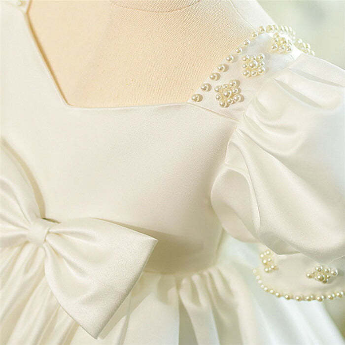 Square Neck Baby Flower Girl Dress with Bow Beaded Short Sleeves and Knee Length
