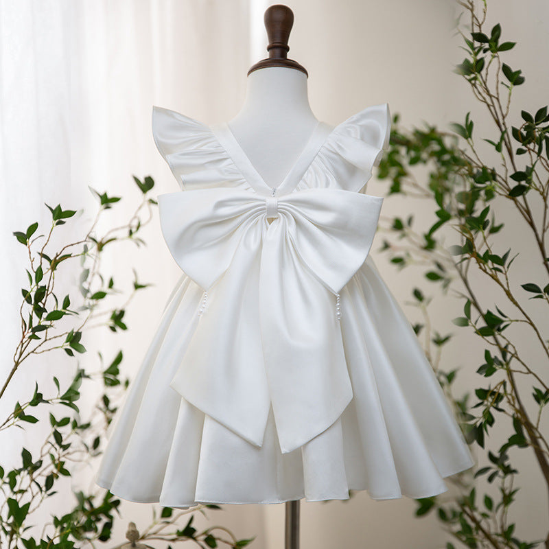 Square Neck Baby Flower Girl Dresses with Ruffled Sleeves and Bow Knee Length