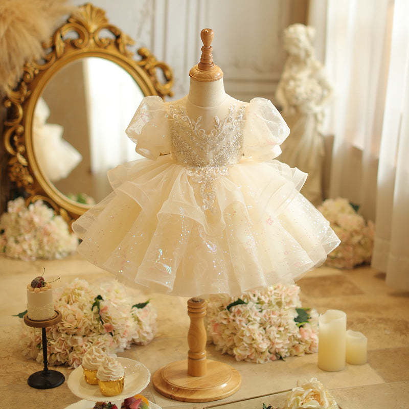 A-Line/Princess Lace Dress for Baby Girls with Beading Appliques and a Bow Short Sleeves