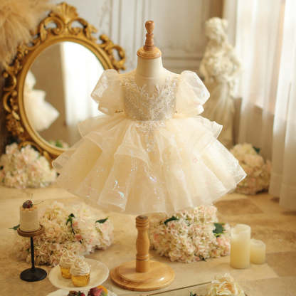 A-Line/Princess Lace Dress for Baby Girls with Beading Appliques and a Bow Short Sleeves