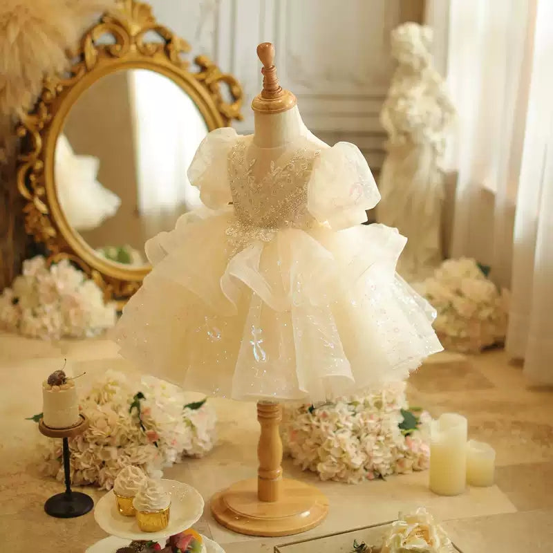 A-Line/Princess Lace Dress for Baby Girls with Beading Appliques and a Bow Short Sleeves