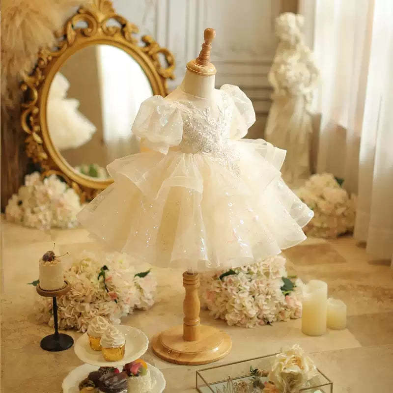 A-Line/Princess Lace Dress for Baby Girls with Beading Appliques and a Bow Short Sleeves