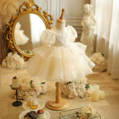 A-Line/Princess Lace Dress for Baby Girls with Beading Appliques and a Bow Short Sleeves