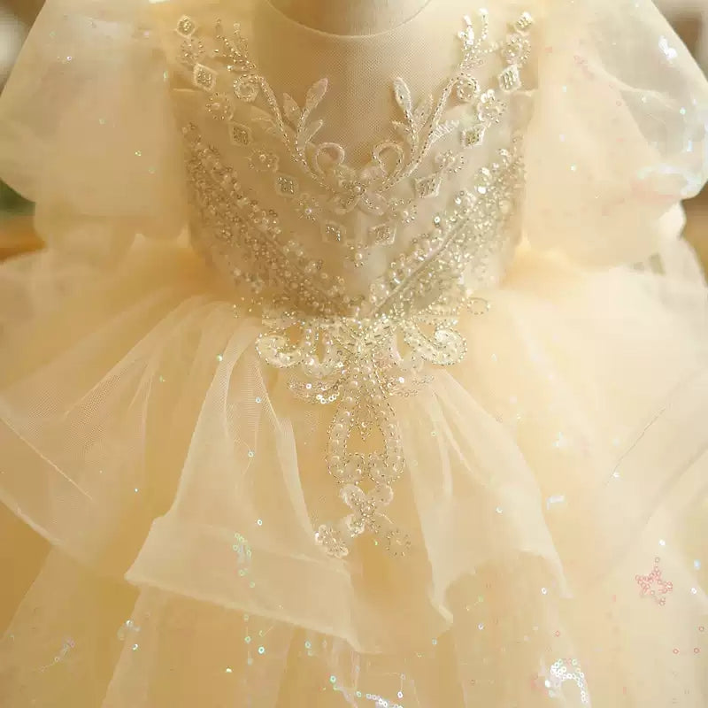 A-Line/Princess Lace Dress for Baby Girls with Beading Appliques and a Bow Short Sleeves