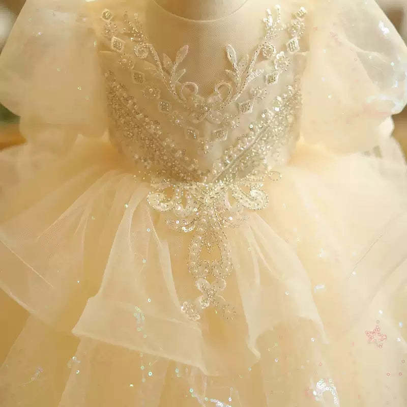 A-Line/Princess Lace Dress for Baby Girls with Beading Appliques and a Bow Short Sleeves
