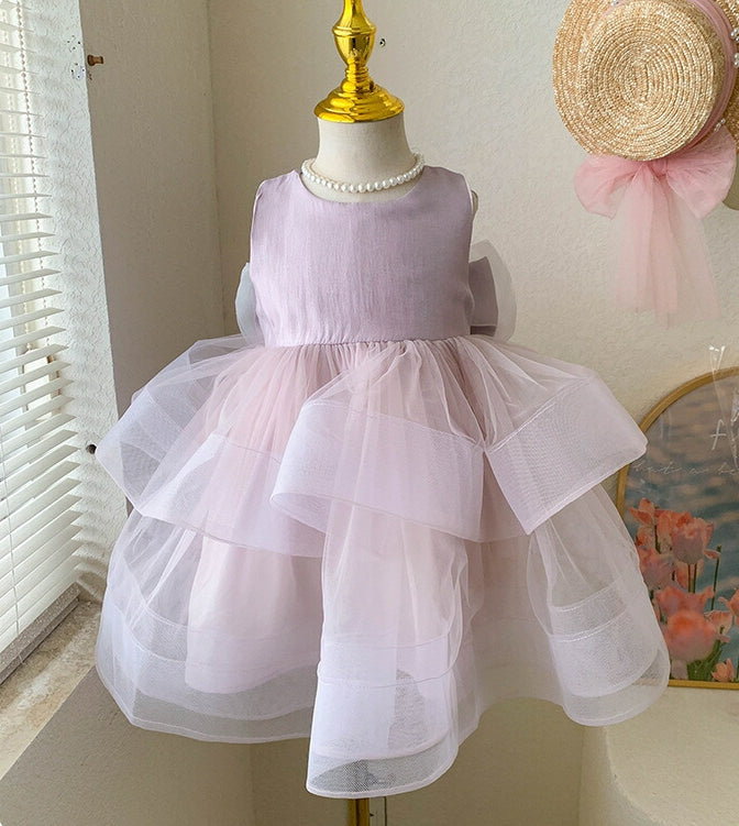 Princess Baby Girl Party Dress with Bowknot in Round Neck Sleeveless Tea Length
