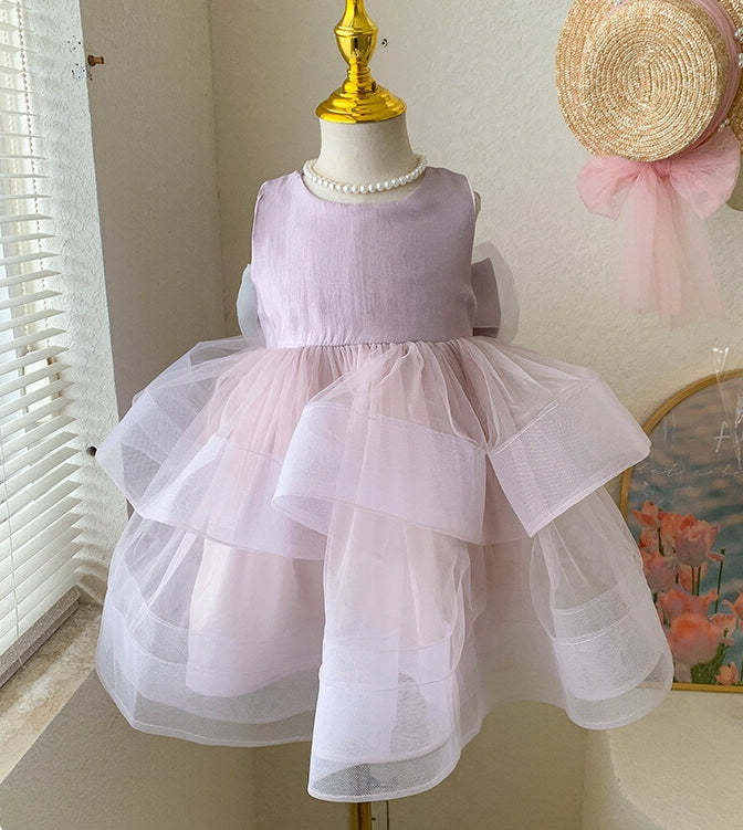 Princess Baby Girl Party Dress with Bowknot in Round Neck Sleeveless Tea Length