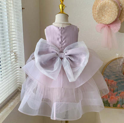 Princess Baby Girl Party Dress with Bowknot in Round Neck Sleeveless Tea Length